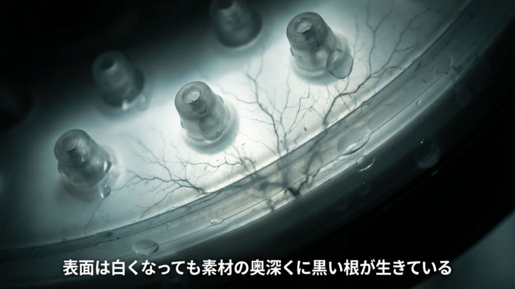 表面は白くなってもシャワーヘッド素材の奥深くに黒カビの根が生きている状態の解説