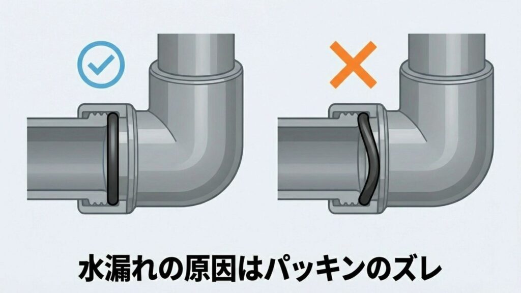 シャワーホース接続部のパッキン(Oリング)が正しく装着されている状態とズレている状態の比較図