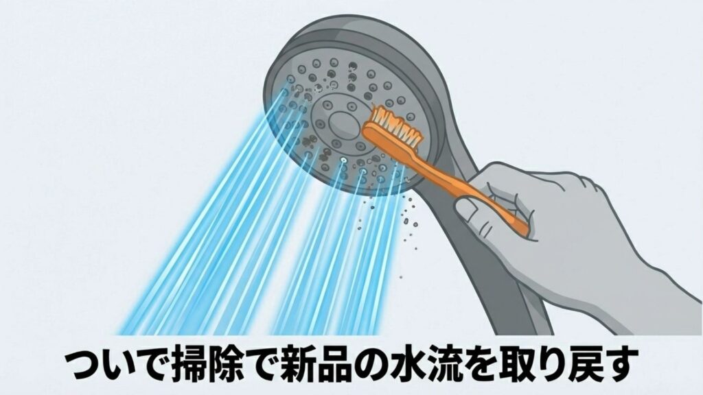 外したシャワーヘッドを洗浄し、新品のような水流を取り戻すイメージイラスト
