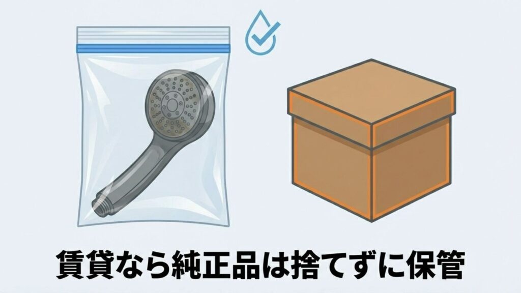 取り外した純正のシャワーヘッドを保存袋に入れて大切に保管しているイラスト