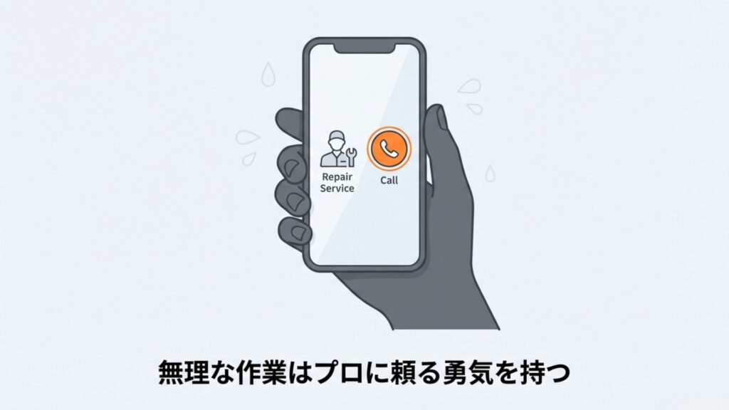スマートフォンで水道修理業者への依頼画面を表示しているイラスト