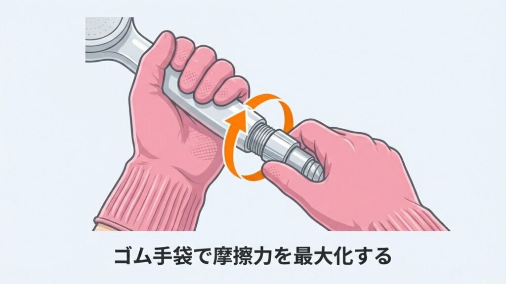 ゴム手袋を装着してシャワーヘッドの接続部分を回し、摩擦力を高めて外す様子のイラスト