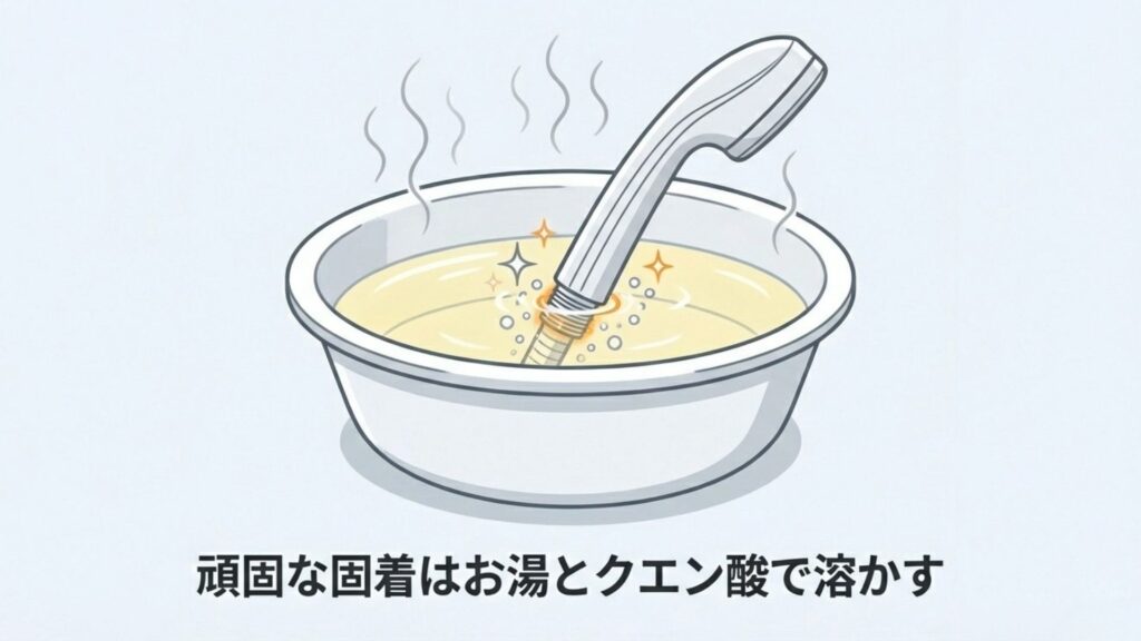 洗面器にお湯とクエン酸を入れ、固着したシャワーヘッドの接続部分をつけ置きしているイラスト