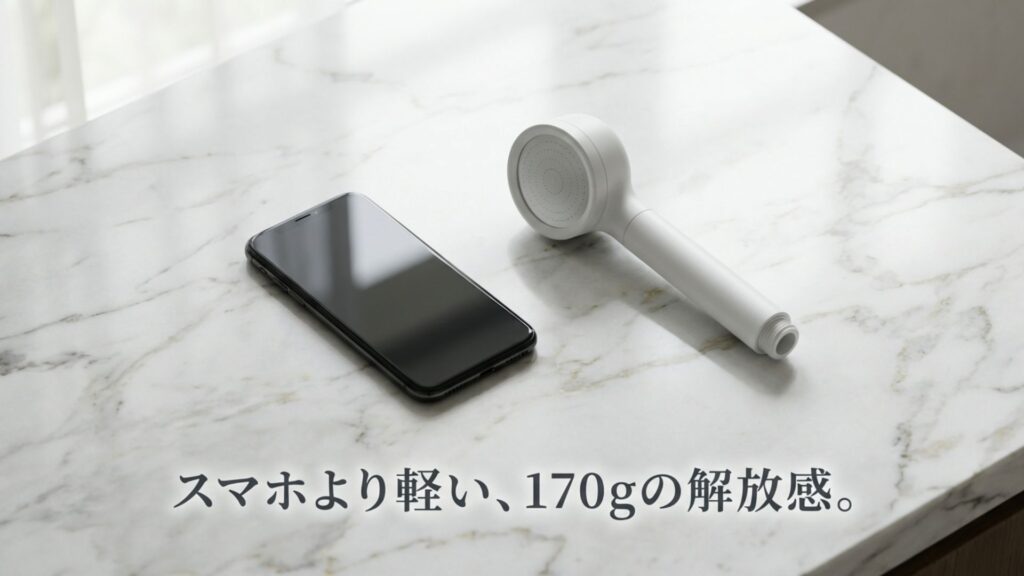 シャワーヘッドの重さ170gとスマートフォンの重量比較イメージ