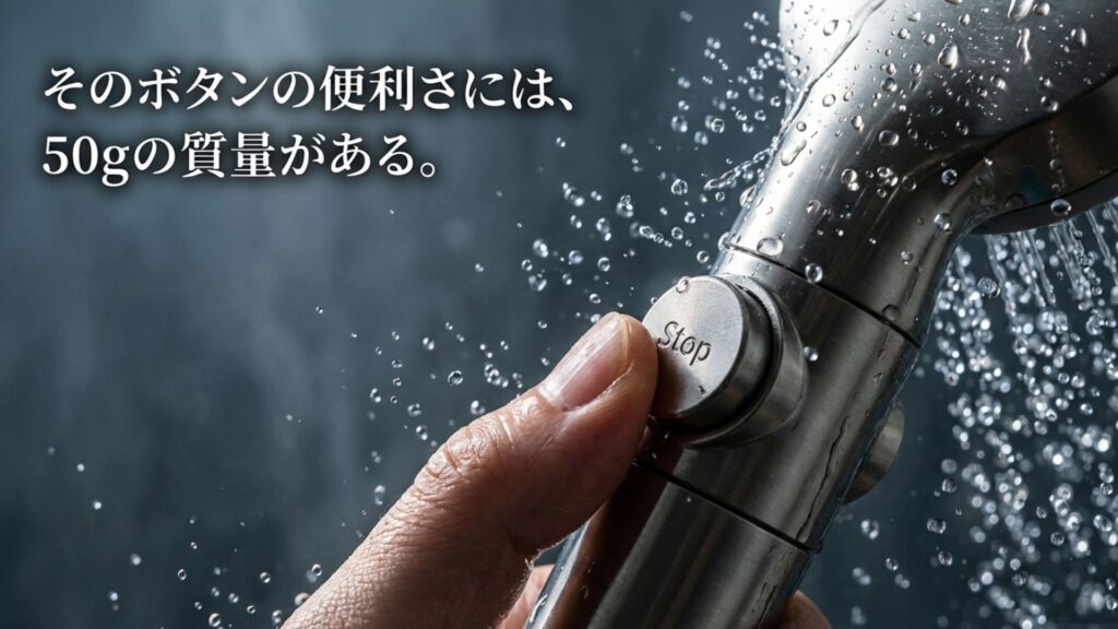ワンタッチ止水ボタンの利便性と約50gの重量増についての説明