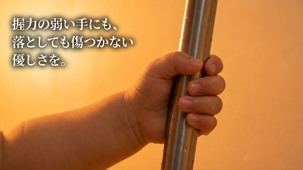 高齢者や子供でも握りやすく落としても安全な軽量設計のイメージ