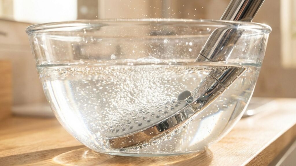 ガラスボウルのぬるま湯にシャワーヘッドをつけ置き洗いしている様子