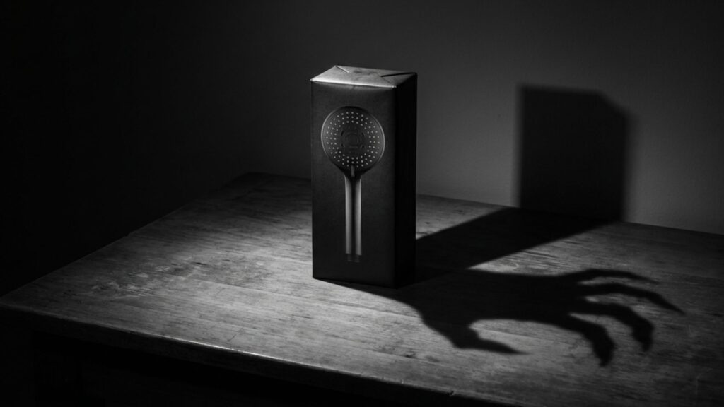 暗闇に置かれたシャワーヘッドの箱に伸びる不気味な影