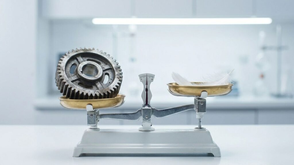 天秤に乗せられた重い歯車と軽い羽毛