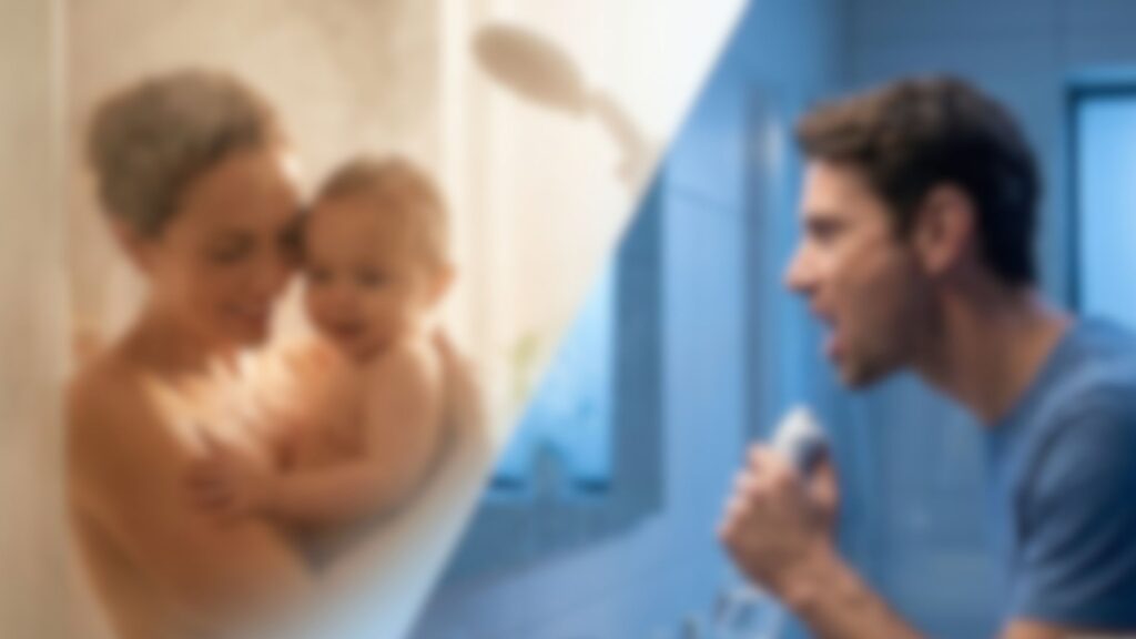 シャワーを浴びる赤ちゃんと母親、口腔洗浄器を使う男性の対比