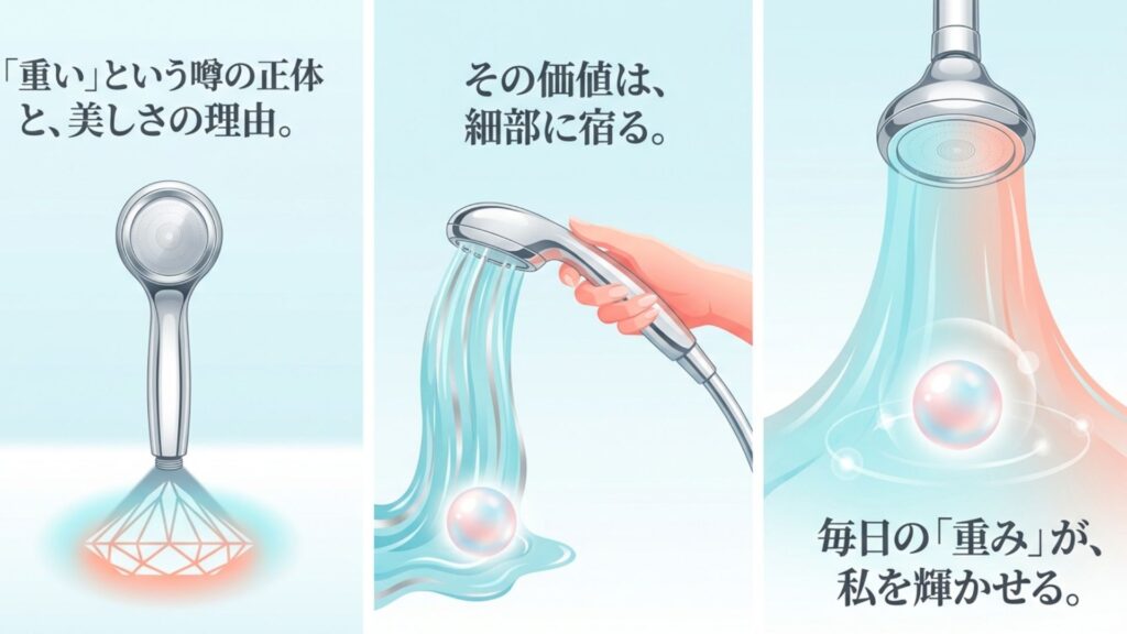 ReFaシャワーヘッドの重さと価値を問いかけるイメージ画像
