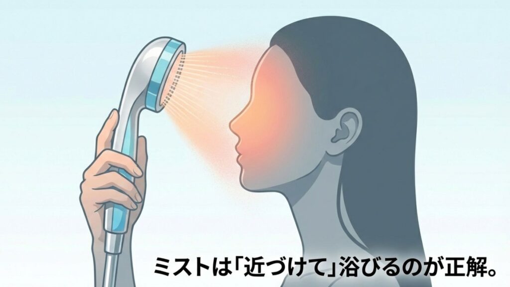 ミスト水流を肌に近づけて浴びる正しい使い方の図解