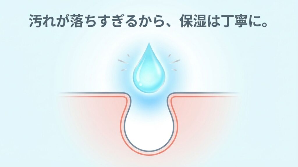 洗浄力が高いため入念な保湿が必要であることを示す肌のイメージ