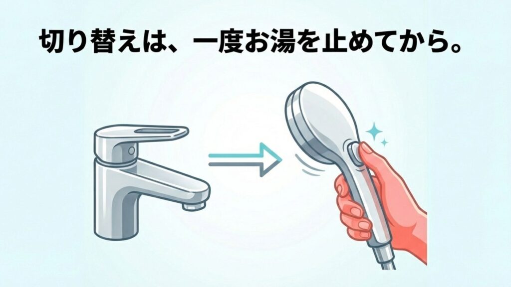 お湯を止めてからボタン操作をすることを示す切り替え手順の図