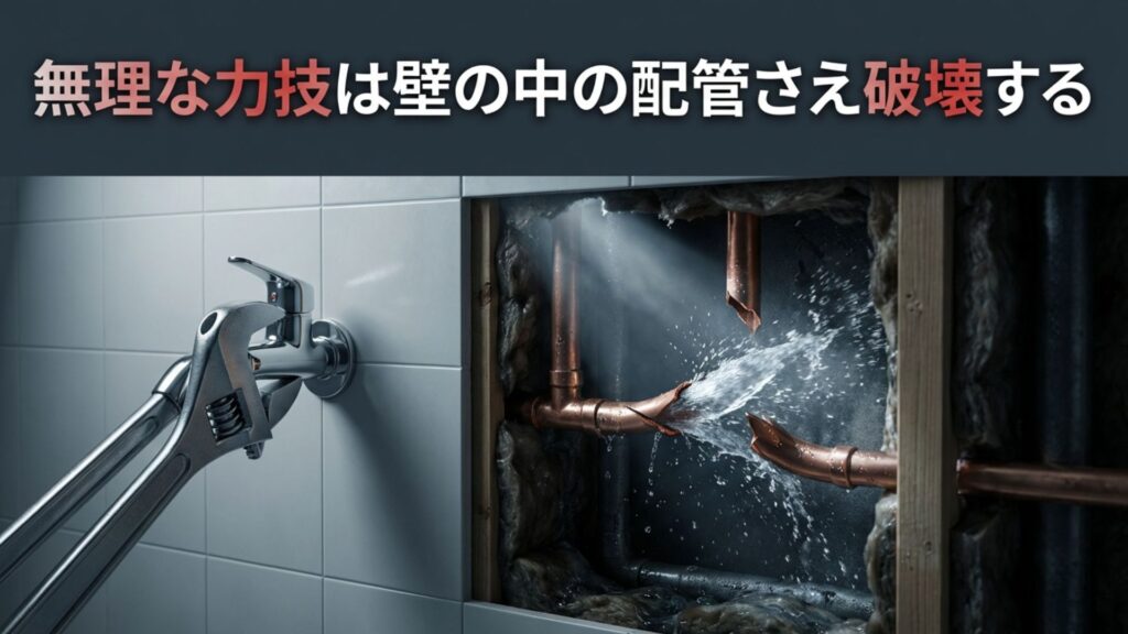 無理な力で回すと壁の中の配管が破損するリスクがあることを示す警告図解