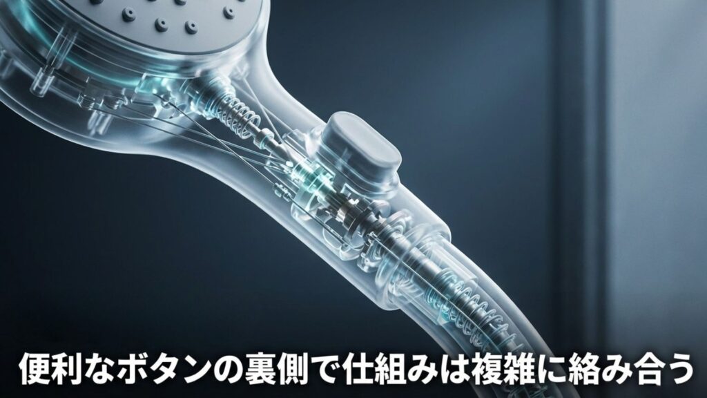 手元ストップボタン付きのクリックシャワーが複雑な構造であることを示すイメージ