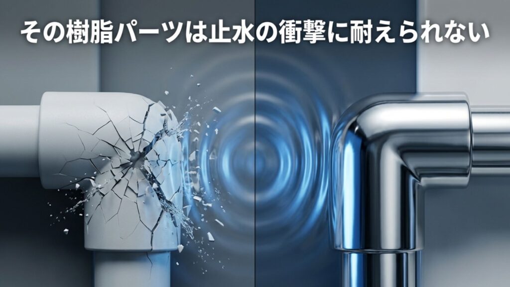 樹脂製エルボが水圧の衝撃に弱いことを説明する注意喚起図解