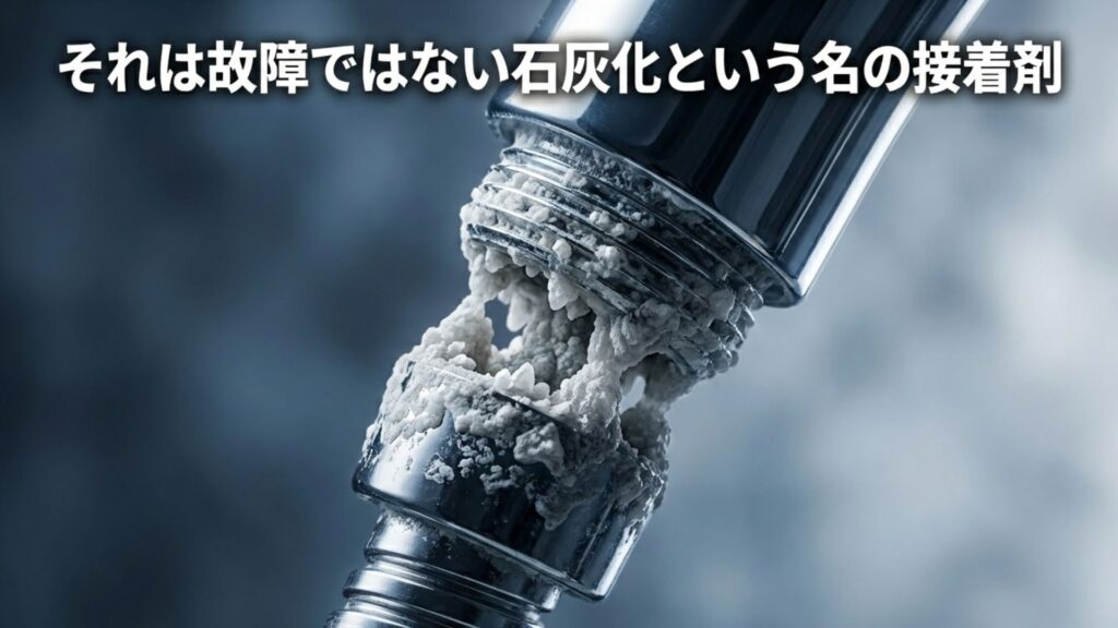 水道成分の石灰化によりネジ山が固着して外れない現象の説明