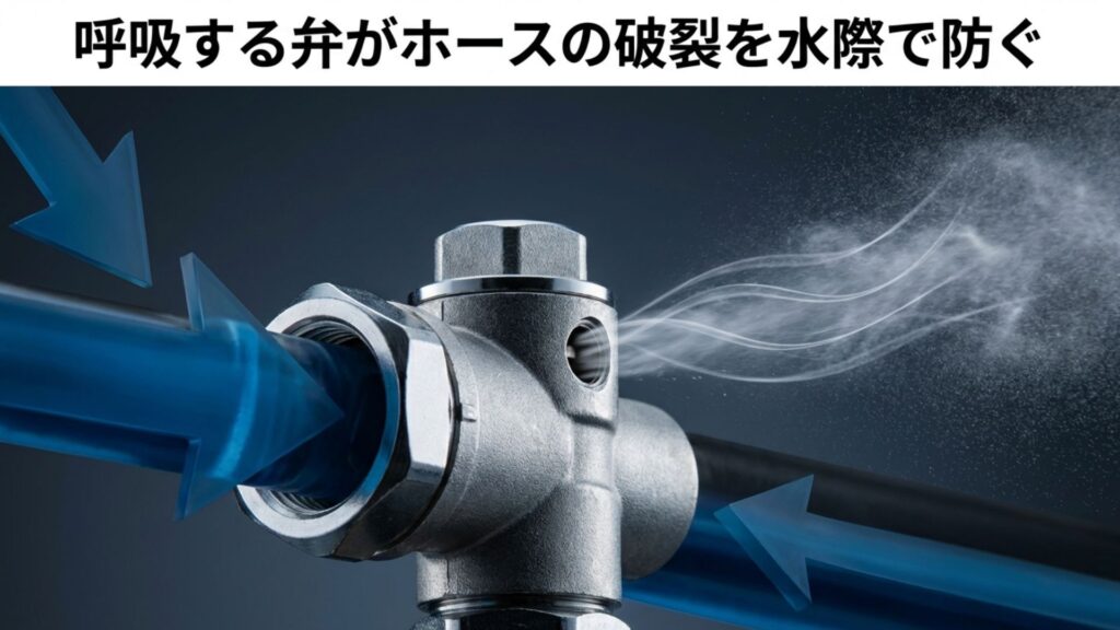 調圧弁がホースの破裂を防ぐ役割を担っていることを示すイメージ