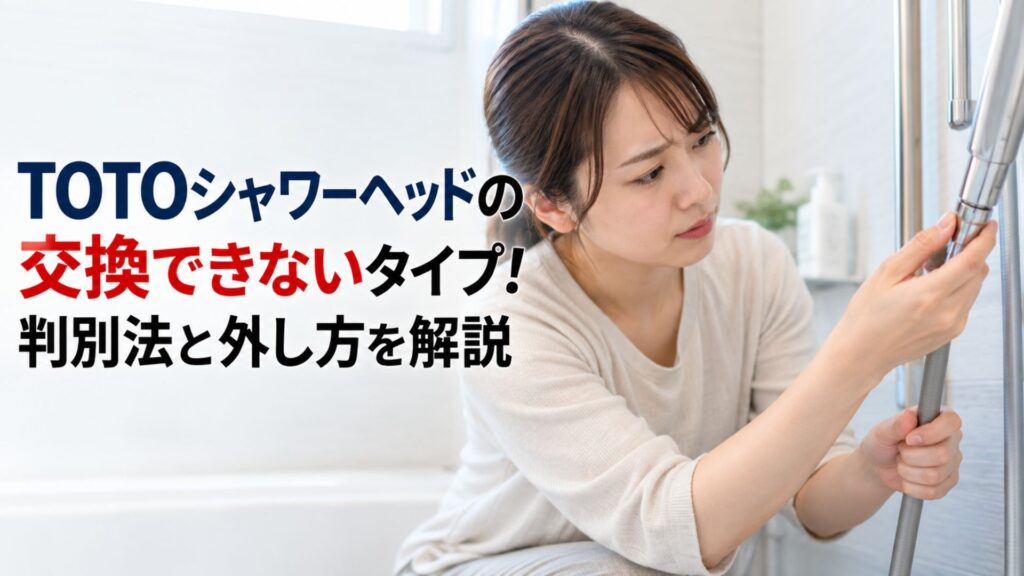 浴室で女性がシャワーヘッドとホースの接続部分を確認している様子。TOTOシャワーヘッドの交換可否と外し方を解説