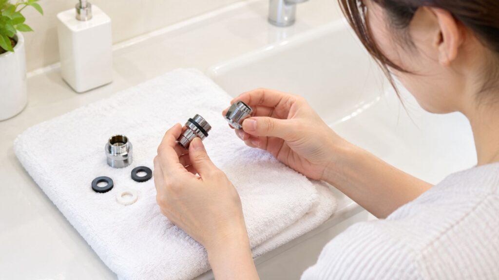 女性が金属製の接続アダプターとゴムパッキンを手に取り、シャワーヘッド交換用部品の形状を比較している様子
