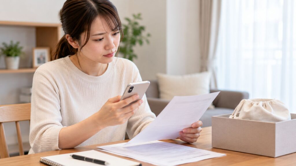 女性がスマートフォンと書類を確認しながら、賃貸住宅のシャワーヘッド交換や原状回復について調べている様子