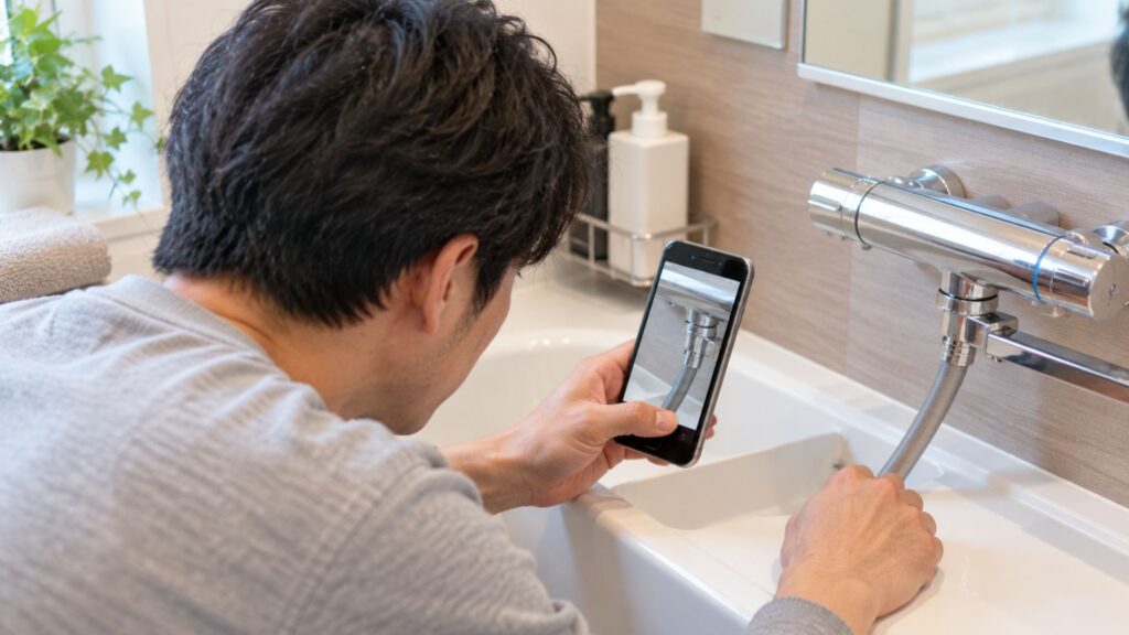 男性がスマートフォンで浴室の水栓本体とシャワーホースの接続部分を撮影し、交換部品の適合確認に必要な設備の形状を記録している様子