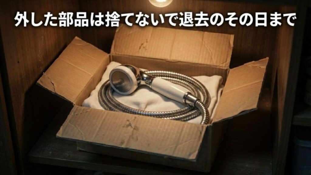 賃貸退去時に備えて元のシャワー部品を保管しておくことの重要性を示す図解