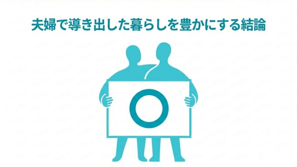 夫婦が大きな丸(正解)のボードを持っているイラストで、夫婦で導き出した暮らしを豊かにする結論を表現した画像