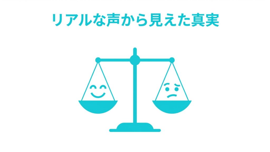 笑っている顔と困っている顔の天秤のイラストで、リアルな声から見えた真実を表現した画像