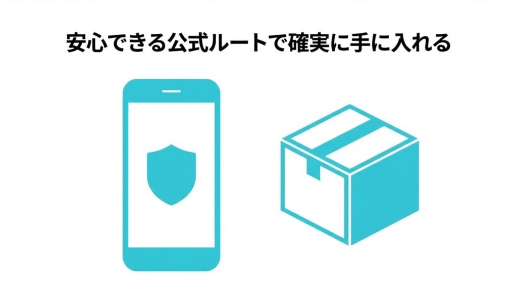 スマートフォンの画面に盾のマークが表示されたイラストで、安心できる公式ルートで確実に手に入れることを表現した画像