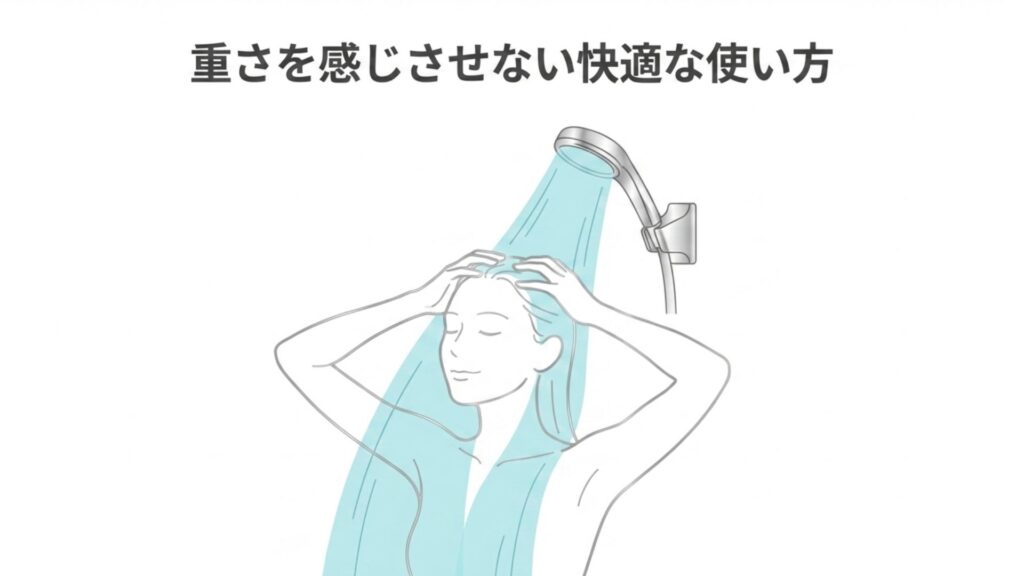 シャワーヘッドを壁のフックに掛けて両手で髪を洗う女性