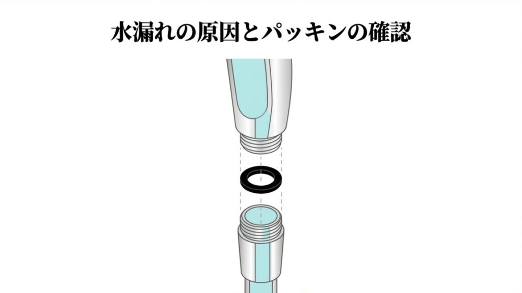 シャワーヘッドからの水漏れトラブルとパッキン確認のイメージ