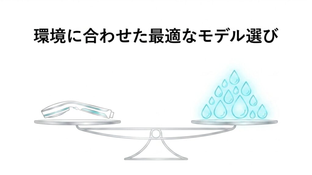 シャワーヘッドの水圧と節水効果を天秤にかけて比較するイラスト