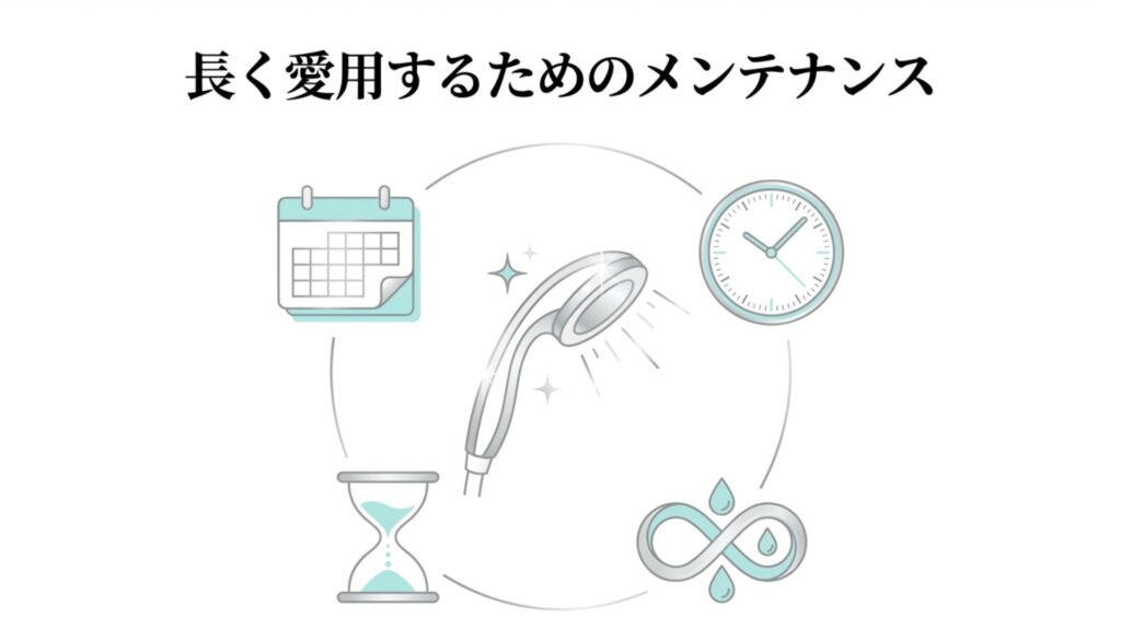 シャワーヘッドの定期的なお手入れや交換時期を示す時計とカレンダー