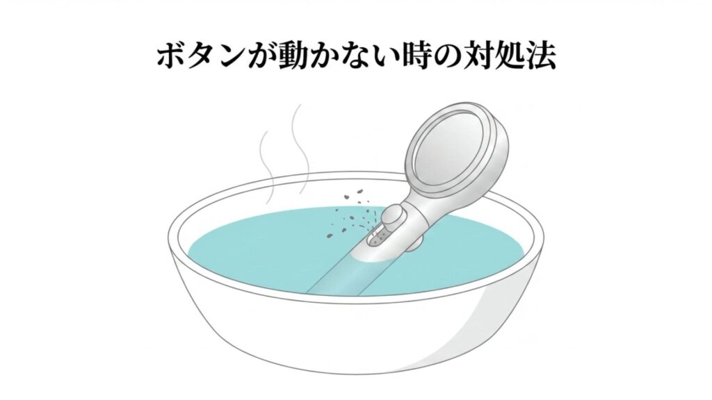 お湯を張った洗面器にシャワーヘッドを沈めて洗浄する様子
