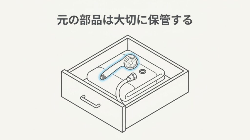 取り外した元のシャワーヘッドとホースを箱に入れて保管しているイラスト