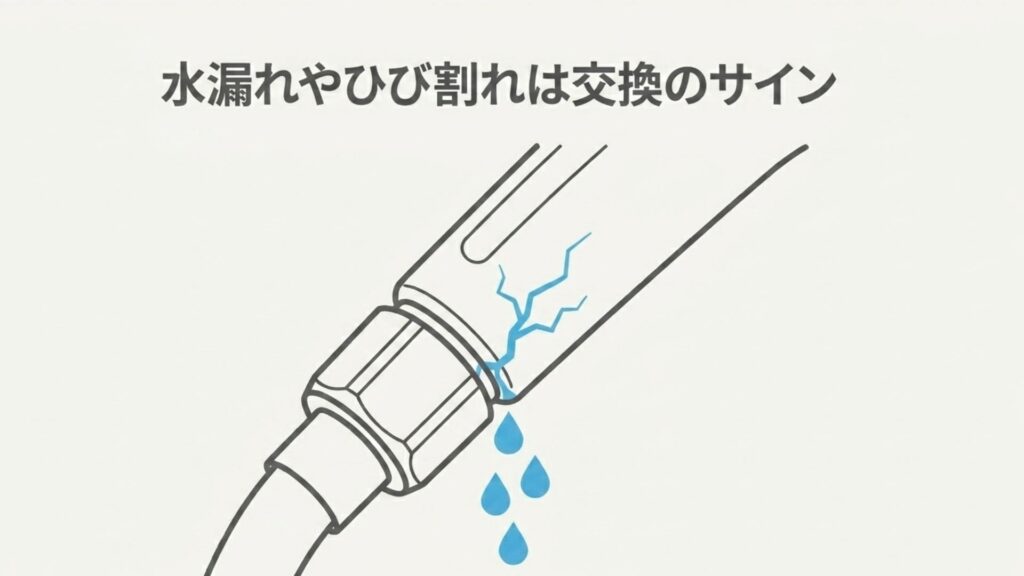 シャワーホースにひび割れが入り、水漏れしているイラスト
