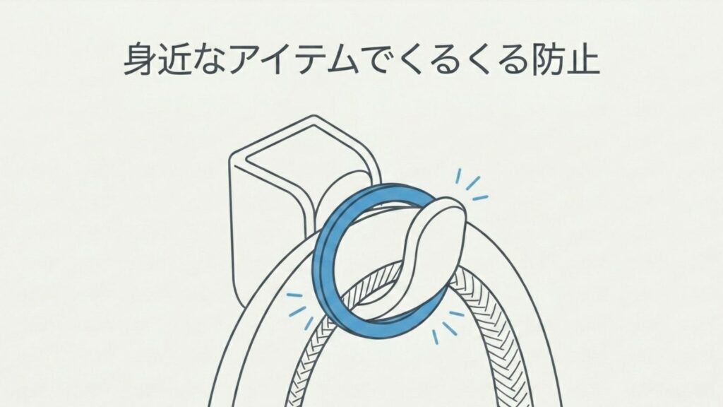 シャワーフックに回転防止リングを取り付けているイラスト