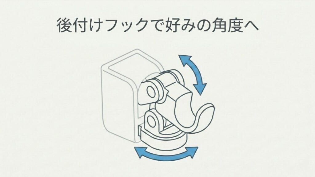 シャワーの角度を上下に調整できる後付けフックのイラスト