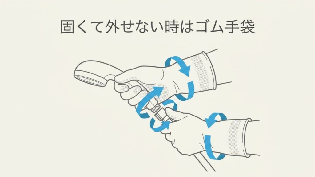固着したシャワーヘッドをゴム手袋をはめて回して外すイラスト