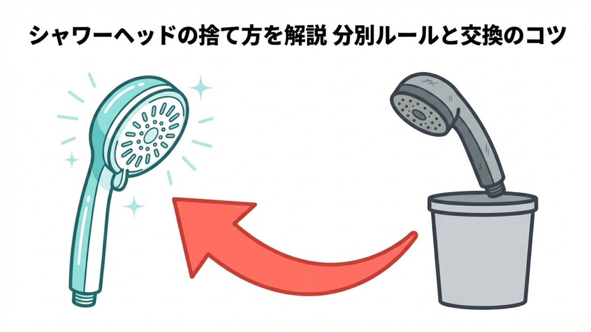 シャワーヘッドの捨て方と交換のコツを解説する、ピカピカのシャワーヘッドとゴミ箱のイラスト。