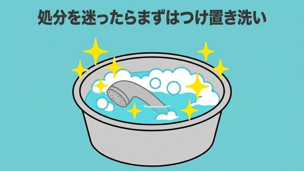 洗面器の中でシャワーヘッドをクエン酸などでつけ置き洗いし、汚れを落とすイメージ。