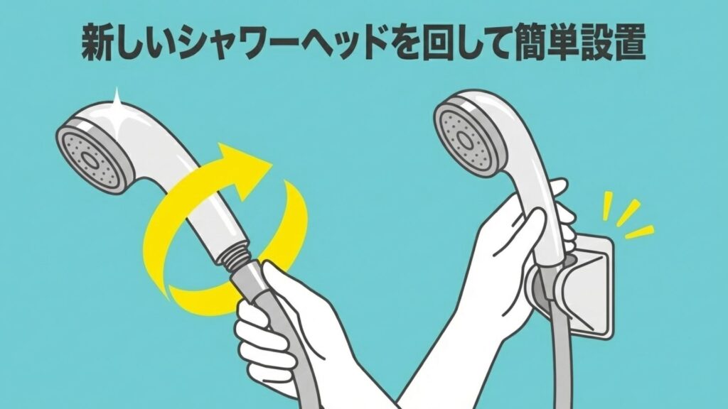 新しいシャワーヘッドをホースに取り付け、ホルダーに設置する一連の動作の図解。