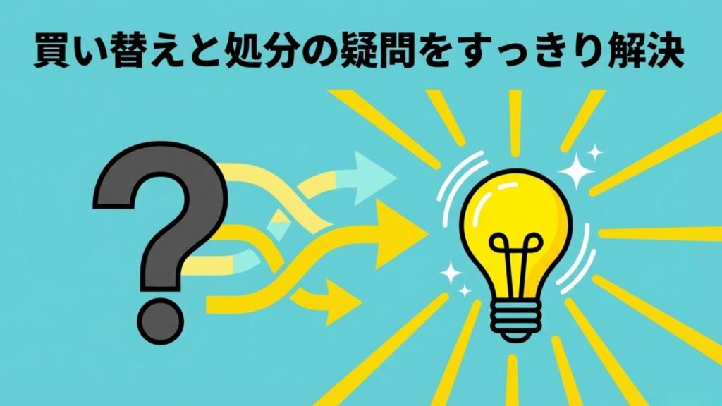 買い替えと処分に関する疑問を解決する、Q&A形式をイメージした図解。