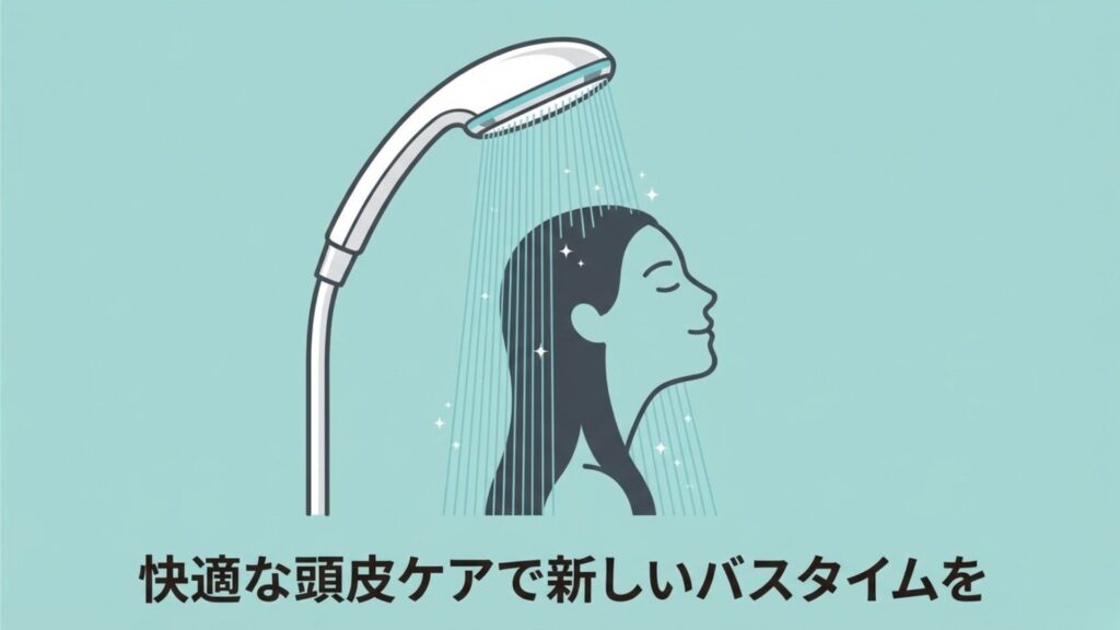 新しいシャワーヘッドで快適に頭皮ケアを楽しみ、バスタイムを満喫する女性のイラスト。