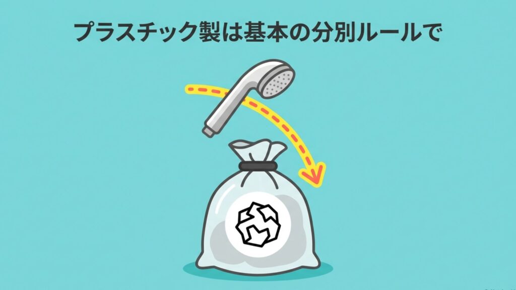 プラスチック製シャワーヘッドを基本の分別ルールに従ってゴミ袋に入れるイメージ。