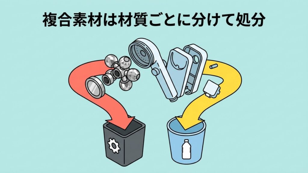 美容系シャワーヘッドなどの複合素材を材質ごとに分けて処分する手順の図解。