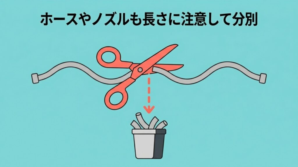 シャワーホースをハサミで短く切断して分別する様子を描いたイラスト。