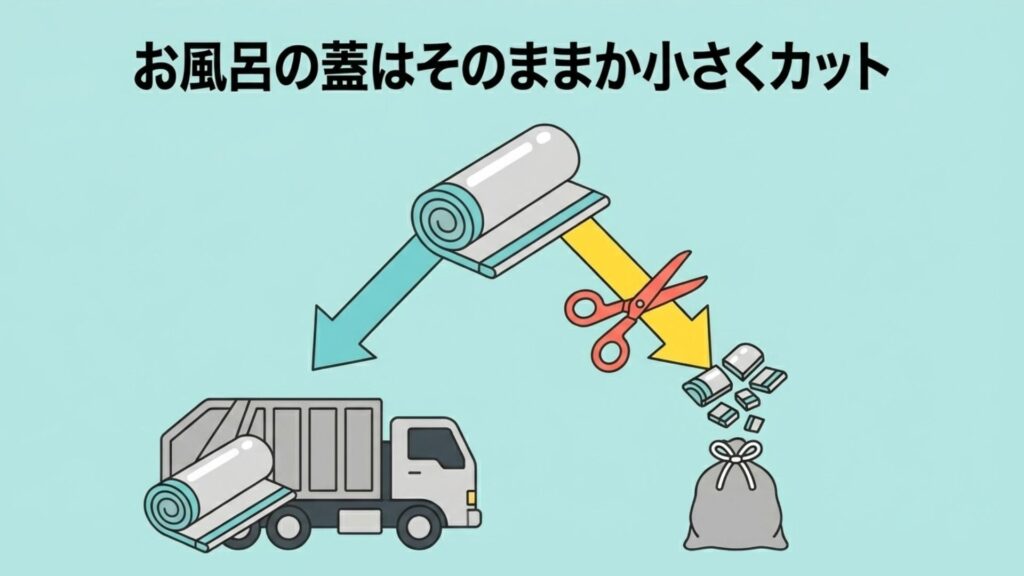 お風呂の蓋を粗大ゴミとして出すか、切断してコンパクトにする選択肢を示す図解。